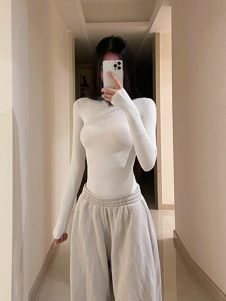 Queen's Nylon High-Elastic Long-Sleeved Shirt, Bottoming Shirt, Fitness Sports Yoga Top, Sports Bodysuit