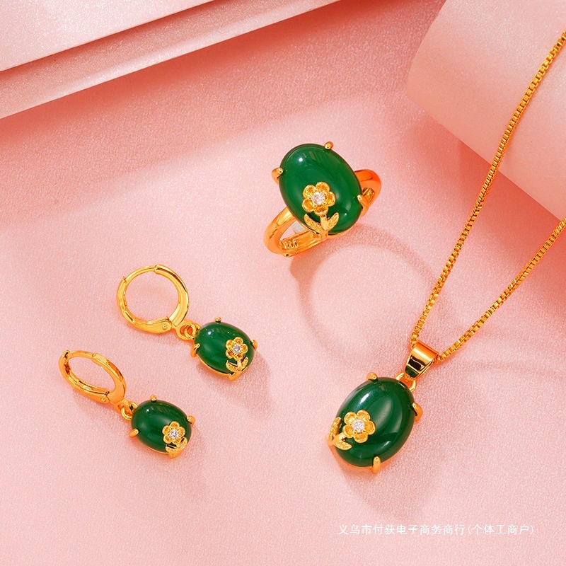 Authentic Vietnamese Sand Gold Inlaid Flower Gemstone Ring Earrings Necklace Jewelry Women's Stall Jewelry Luxury Set Long-Lasting