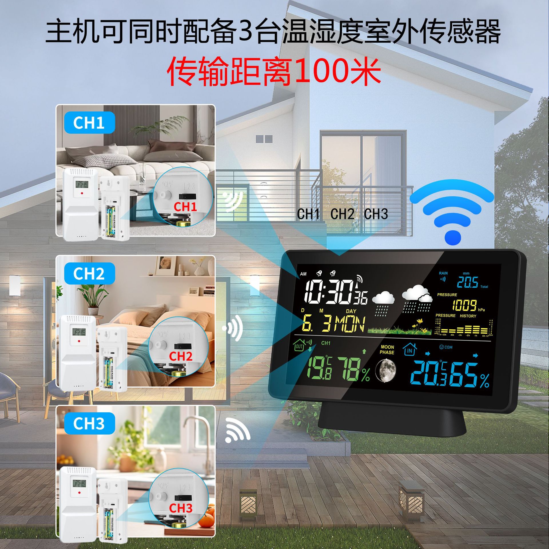 7.5inch Va Color Screen Indoor and Outdoor Temperature and Hygrometer Perpetual Calendar Dcf Radio Weather Forecast Weather Station Rain Gauge