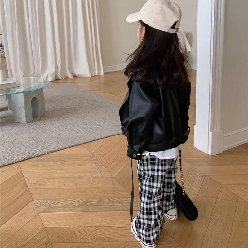 Girls' Coat 2025 Spring and Autumn New Fashion Leather Jacket Boys and Girls Winter fleece-lined Motorcycle Top Cross Border