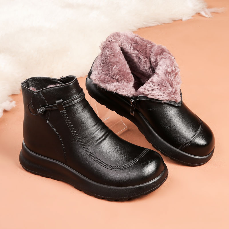 Genuine Leather Soft Sole New Style Mother's Cotton Shoes Winter fleece-lined Warm Middle-aged Women's Ankle Boots Middle-aged and Elderly Women's Non-slip Boots