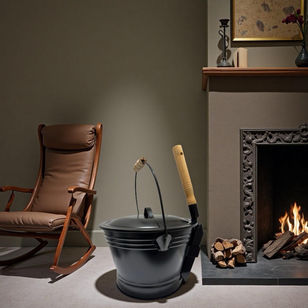 Cross-Border Amazon Home Fireplace Shovel Ash Barrel Round Barrel Ash Wood Iron Barrel and Shovel Two-Piece Set