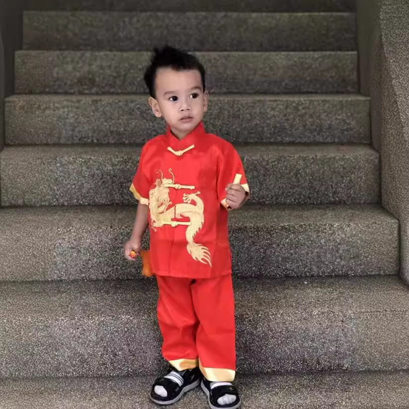 cuhk children's new year boy's tang suit short sleeve red spring and autumn children's clothing small dragon embroidered dragon hanfu