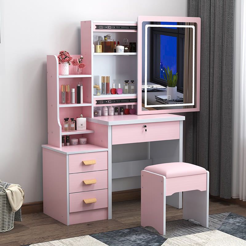 Dressing Table Bedroom Small Apartment Modern Simple Push-Pull Mirror Integrated Dressing Table LED Light Makeup Table Storage Cabinet