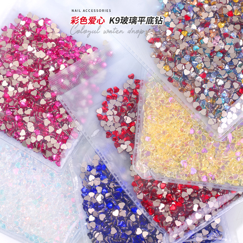 Color love nail drill flat shaped drill white heart rhinestone k9 glass valentine's day nail jewelry wholesale