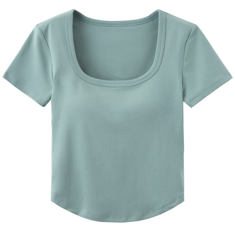 Short-sleeved T-shirt with chest pad square collar with chest pad Cup integrated slim-fit dovetail comfortable casual underwear top