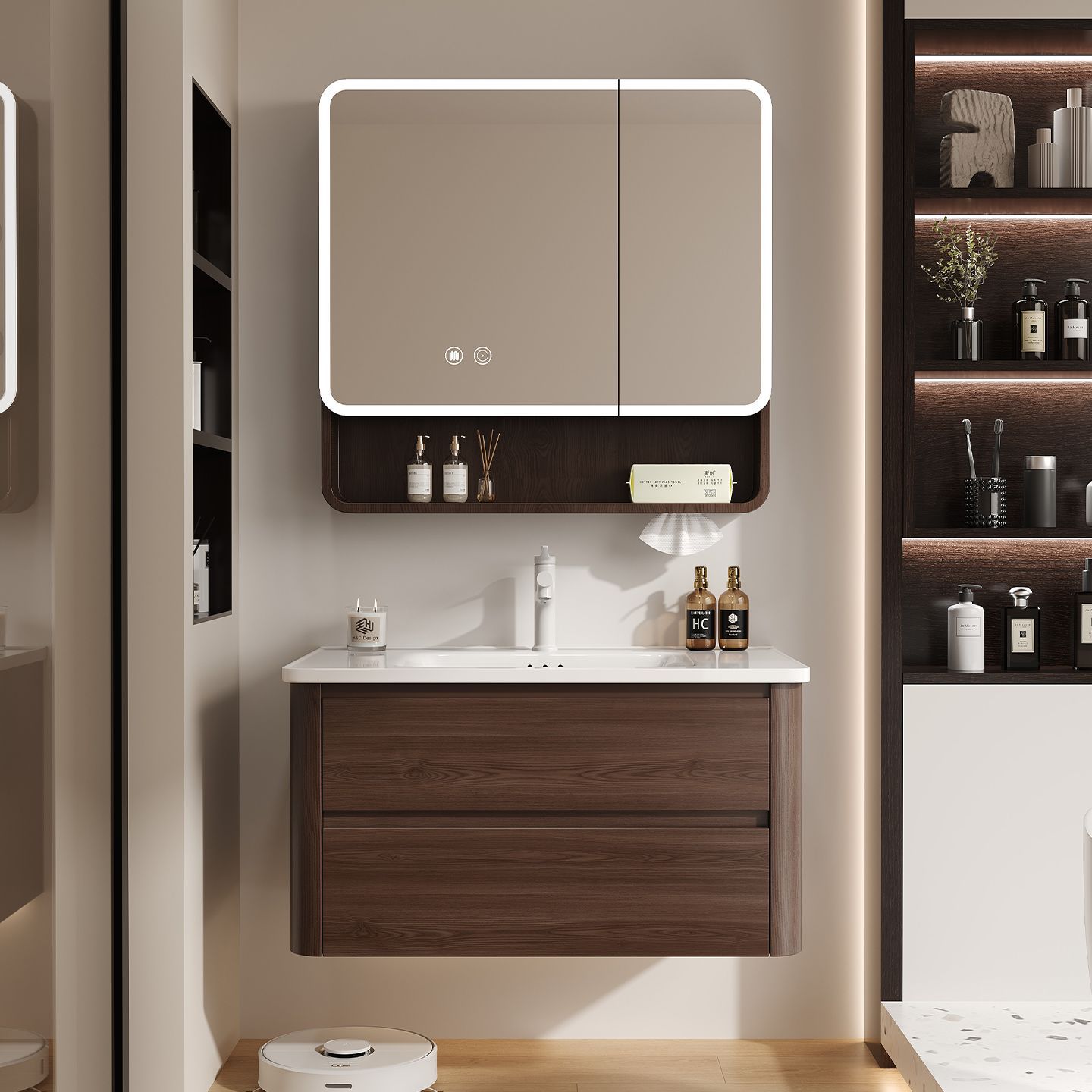 Medieval Style Walnut Honeycomb Aluminum Bathroom Cabinet Combination Ceramic Integrated Wash Basin Bathroom Wash Basin Washstand