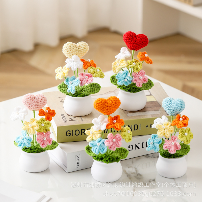 Cross-border finished wool potted forget-me-not puff tree hand-woven small potted plant office ornaments car ornaments gift