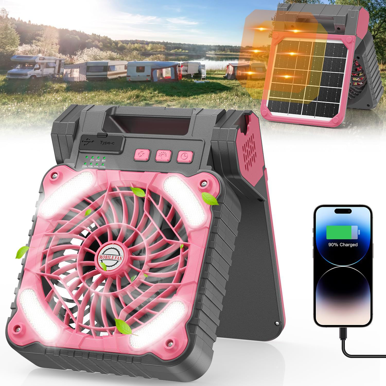 Cross-Border Popular Solar Charging Fan Light Portable Camping Fishing USB Dual-Purpose Fan Lightweight Folding Fan