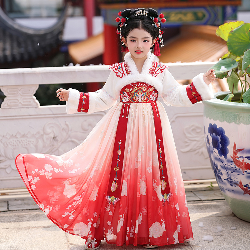 Girls' Hanfu Winter Fleece-Lined Warm Dress Children's Chinese Style Tang Suit Dress Little Girl's Flowing Ancient Costume Dress