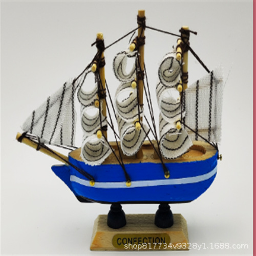 10cm Blue Mediterranean Style Wooden Sailing Cake Ornaments Sailing Model Wooden Crafts Decorative Decoration