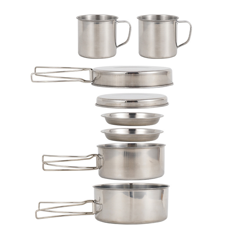 Outdoor Stainless Steel 8-Piece Pot Set for Mountaineering and Camping Portable Set of Bowls and Barbecue Pots for 5-6 People Foldableing Combination Set
