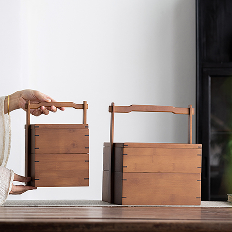 Retro Double-layer Snack Storage Box Chinese Tea Box Bamboo Outdoor Carrying Box Gift Multi-layer Food Box Tea Ceremony Accessories