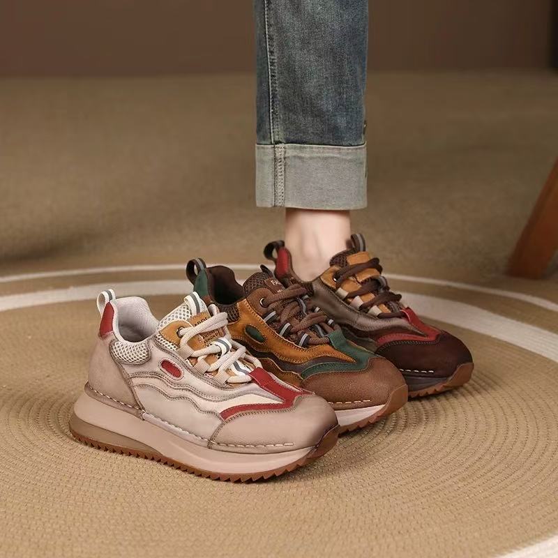 Новые толстые кроссовки из натуральной кожи 2025 года, ретро универсальные повседневные обувь, женские кроссовки с мягкой подошвой в цветных блоках