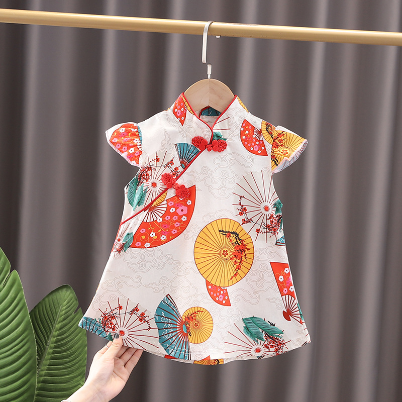Girls Cheongsam National Style Hanfu Summer 2024 New Children's Full Moon Clothes Festival Baby Short-sleeved Dress