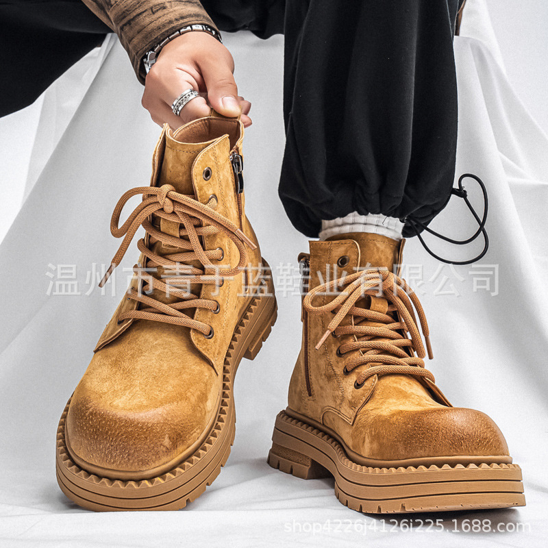 Autumn and Winter Men's Boots, Boots, Men's High-Top Thick-Soled Distressed Work Boots, Lace-Up Men's Genuine Leather Rhubarb Boots, Hiking Boots