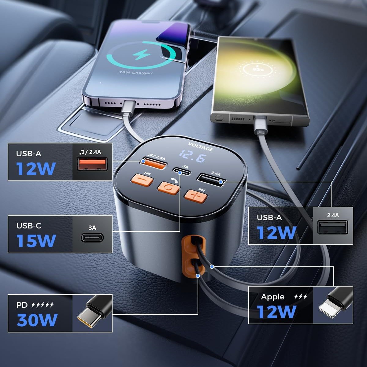 Dianyi Pd Car Bluetooth Mp3 Player Lossless Bluetooth Call Multi-Function Car Charger 75W Fast Charging Retractable Cable