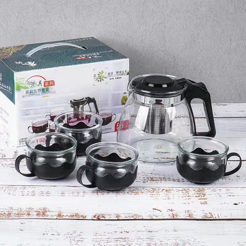 Wholesale flower teapot five-piece transparent glass tea set set water set five-piece teapot activity promotional gifts