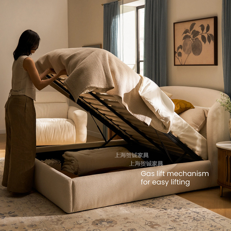 Nordic Wabi-Sabi Style Solid Wood Double Fabric Storage Bed French Mid-Century 1.8m Solid Wood Master Bedroom Upholstered Storage Bed