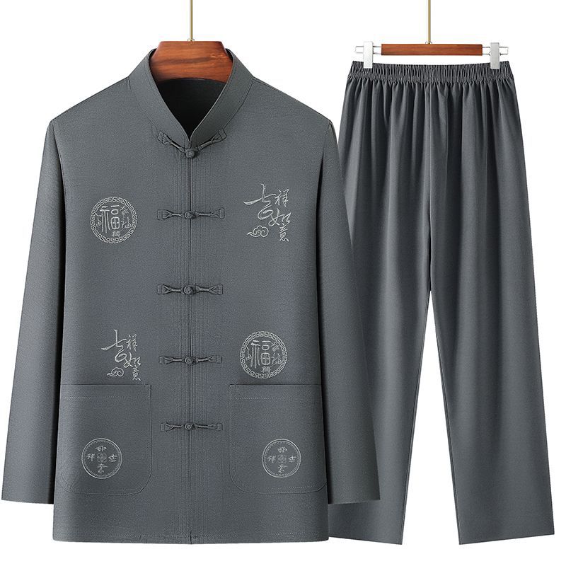 Tang Suit Men's Chinese Style Grandpa Long-Sleeved Embroidered Suit Middle-Aged and Elderly Dad Summer Clothing Han Dynasty Chinese Style Clothes for the Elderly