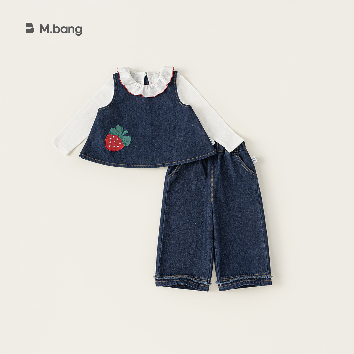 Banggxuan сладкий осенний костюм 2025, джинсовый жилет с клубничным принтом, рубашка с кукольным воротником, широкие брюки, комплект из трех предметов