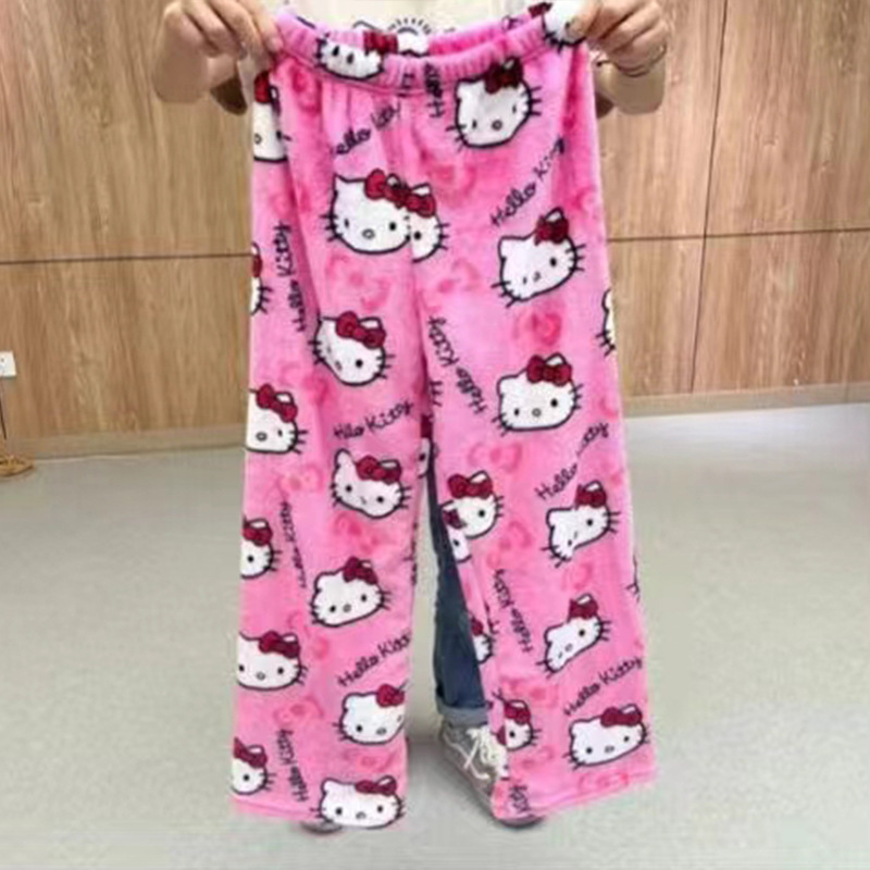 Cartoon Cat Flannel Pajamas Women's Autumn and Winter New Coral Velvet Thickeneded Fleece-Lined Warm Casual Home Pants