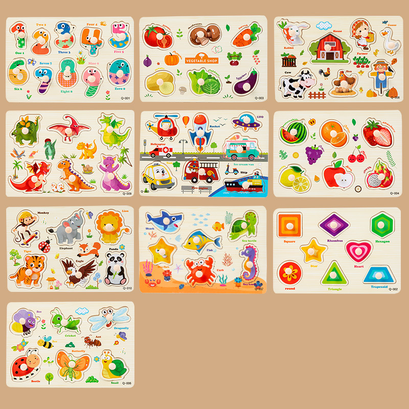 Wooden nail hand-held board jigsaw puzzle board baby digital animal toy early education children's educational wooden stereo cognition