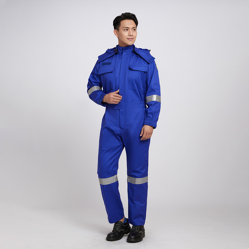 Processed Flame-Retardant and Anti-Static One-Piece Work Clothes with Hood and Reflective Strips Work Clothes Welding Labor Protection Clothes Steelmaking Work Clothes