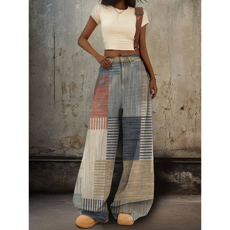 ②D 862 Women's Retro 3D Print Wide-Leg Jeans - Ombre