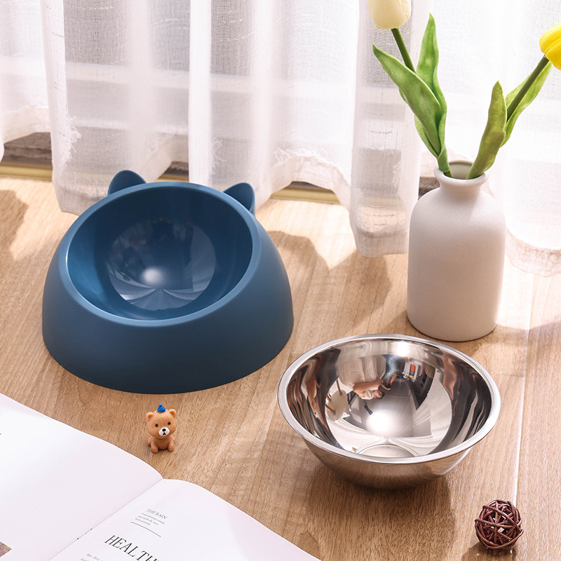 Pet Stainless Steel Double Bowl Protects Cervical Spine and Prevents Overturning. Cute Food Bowl for Cats to Eat and Drink. Stainless Steel Bowl for Both Purposes