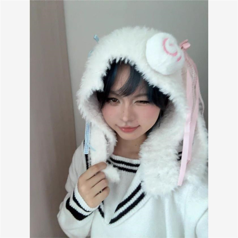 Autumn and winter knitted hat y2k cute color contrast hat balaclava wrap hat knitted hairy rabbit ear hat