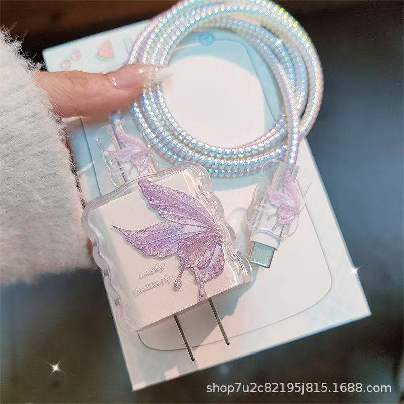Purple Butterfly Suitable for Apple 20W iPhone 16 Charging Head Cover Data Cable Charger Protective Cover Anti-Breakage
