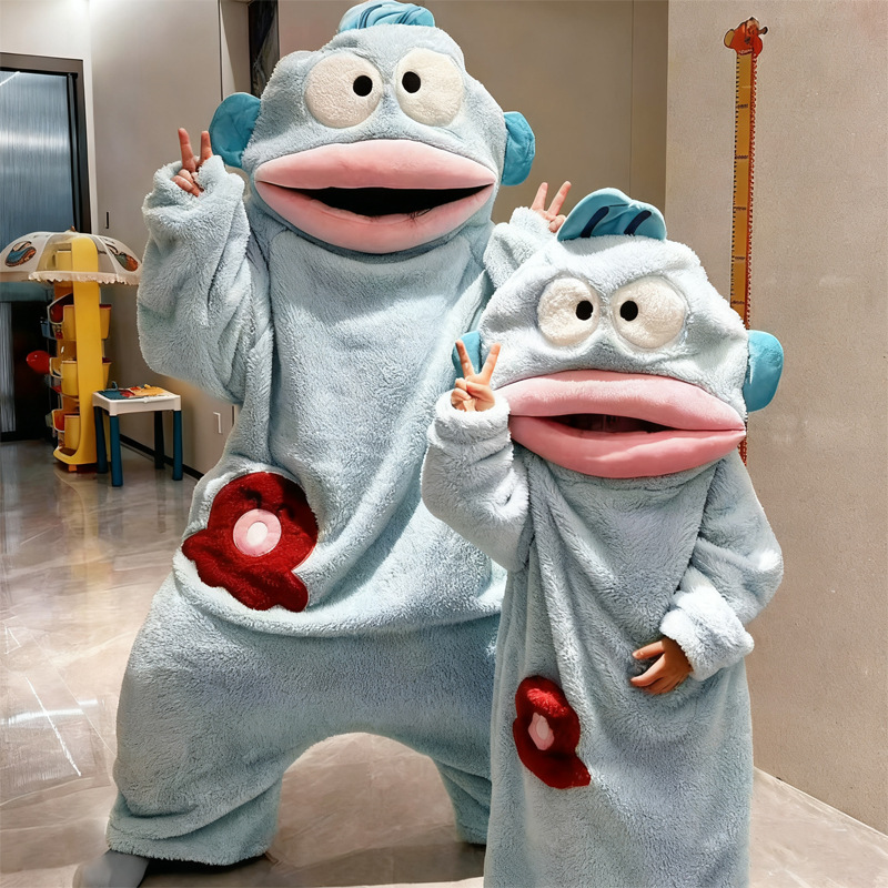 Clownfish Pajamas Big Mouth Fish Autumn and Winter Children's Cartoon Thickened Funny Men's and Women's Coral Velvet Home Clothes Can Be Weared Outside