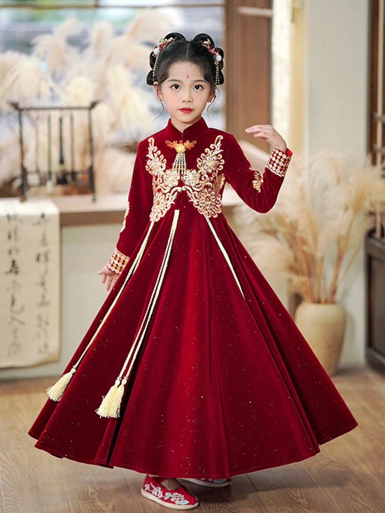 Little Girl's Ancient Style New Year's Greetings Dress, Girl's Winter Sequin Embroidered Dress, Kidsren's Chinese Style Tang Suit Han