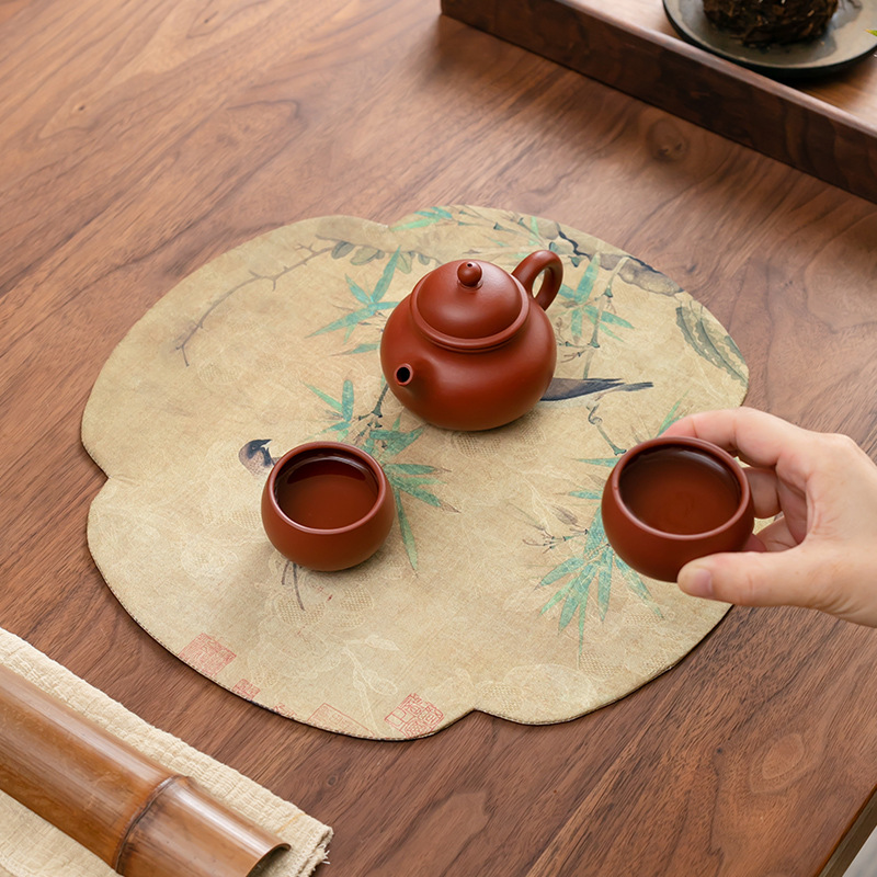 Double-Sided Tea Mat Waterproof Table Flag Dry Bubble Imitation Fragrant Cloud Yarn Insulation Mat Round Chinese Zen Tea Tray Mat Tablecloth for Tea Making
