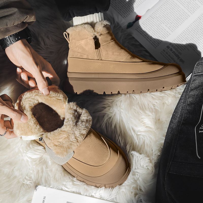 Autumn and Winter New Men's Plush Outdoor Warm Fleece Thickened Casual Versatile Thick-Soled Height-Increasing Anti-Slip Snow Boots Trendy Shoes