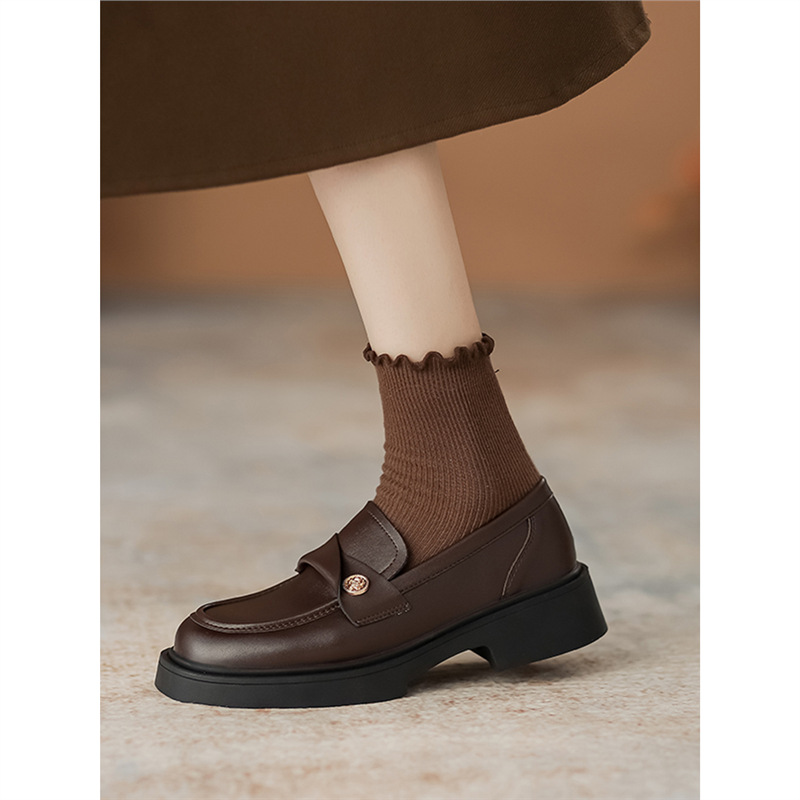 2025 Spring and Autumn New Brown Loafers Women's Thick-Soled Small Leather Shoes Versatile Lazy Slip-On Shoes Genuine Leather