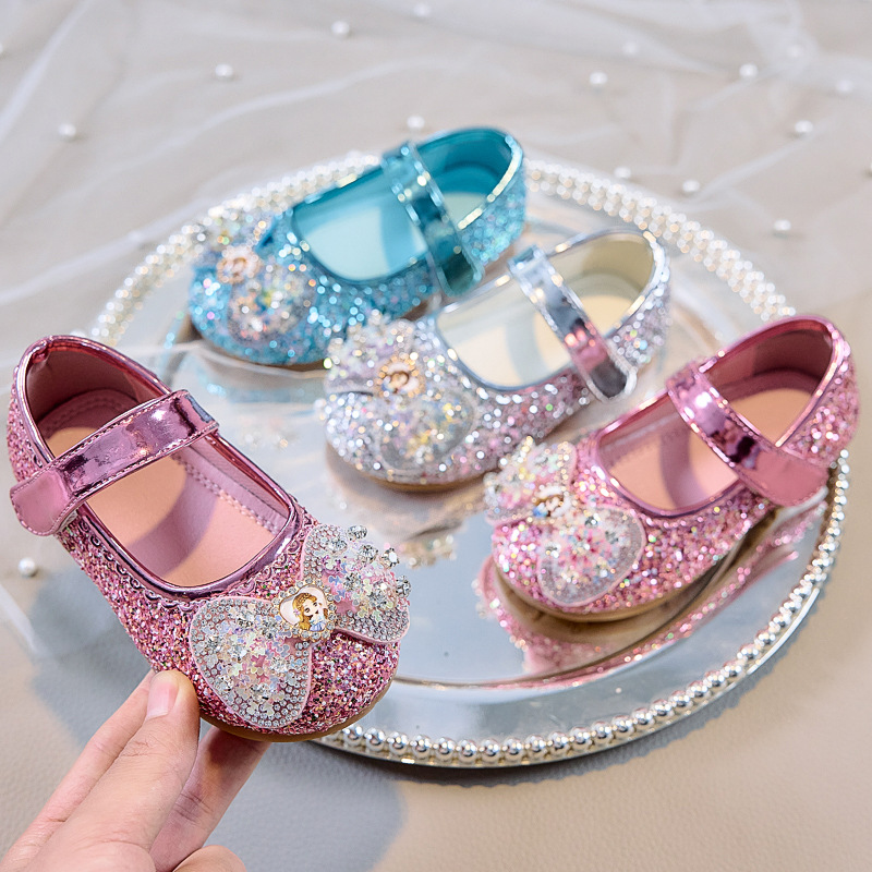 Кожаные туфли для девочек, весна-осень 2025, новые, туфли Эльзы с перламутровым бантом