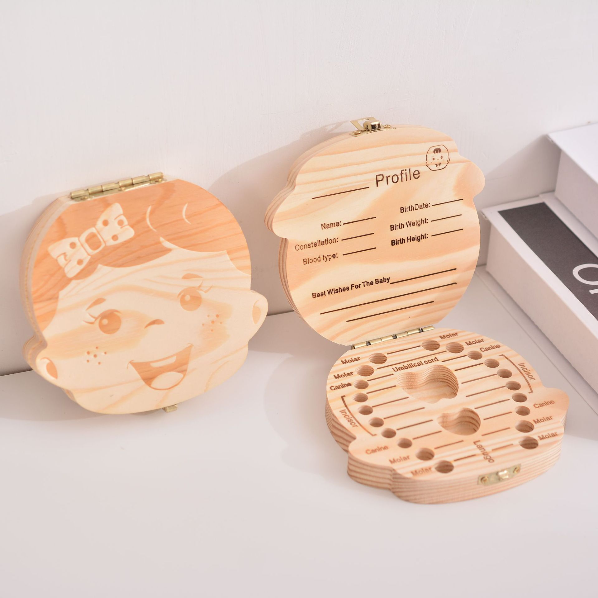 Solid Wood Children's Teeth Box Baby Fetal Teeth Storage Box Flip-on Children's Teeth Collection Box