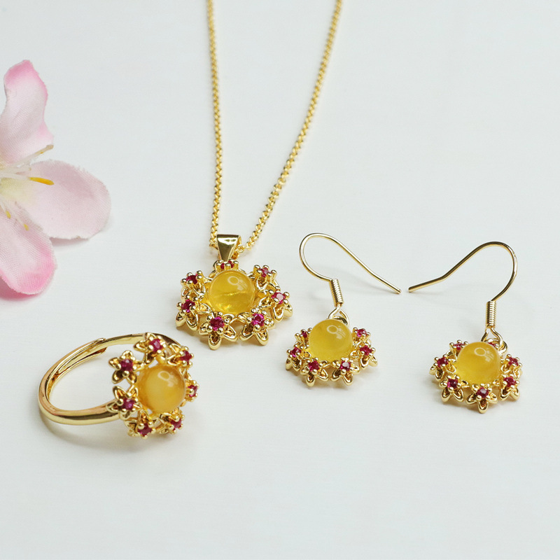 Guan Yu Natural Amber and Beeswax Set: Pendant, Earring Hooks, Earrings, Ring Three-Piece Set Factory Direct Delivery S1122717