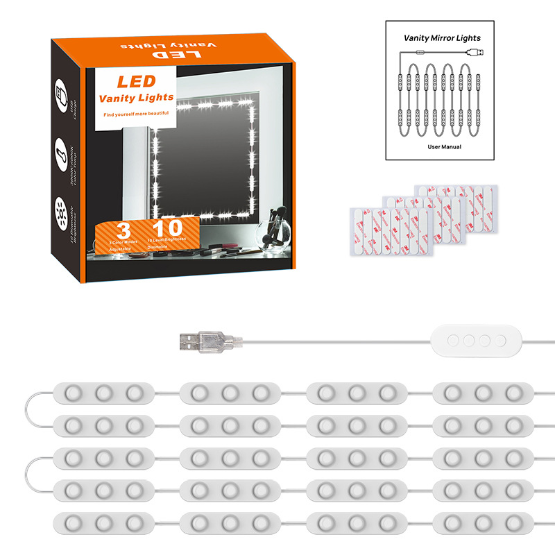 Лампа для макияжа, USB, трехцветное затемнение, самоклеящееся зеркало, кросс-граничное зеркало для макияжа, производитель лампочки голливудского зеркала