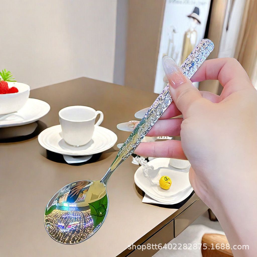 Stainless Steel Ice Crack Round Head Spoon Household High-end Spoon Long Handle Steel Spoon Soup Western Food Spoon