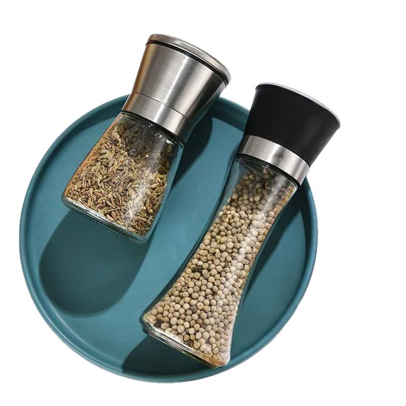 Cross-Border Stainless Steel Household Manual Glass Bottle Grinder Pearl Cotton Kitchen Supplies Pepper Sea Salt Grinding Bottle
