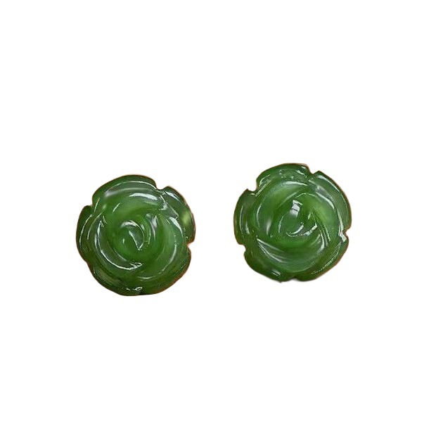 New Green Jade Authentic Women's Jade Rose Flower Earrings Women's 925 Sterling Silver Retro Style Earrings