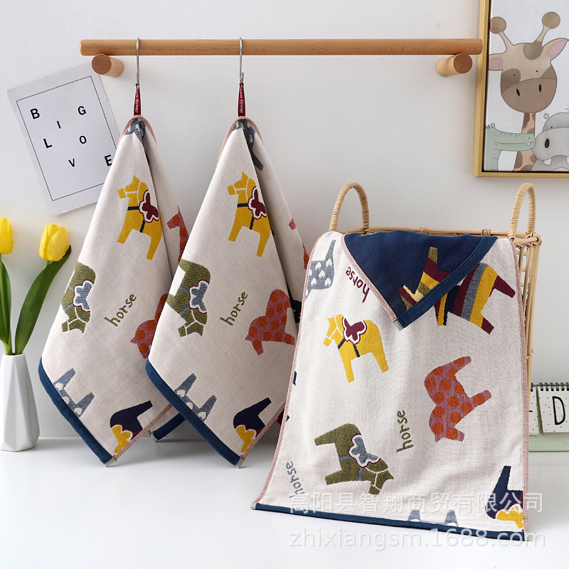 Zhiyang Towel Four-Layer Jacquard Vic Bear Horse Gauze Cotton Face Towel Soft Absorbent Face Towel Factory Price Wholesale