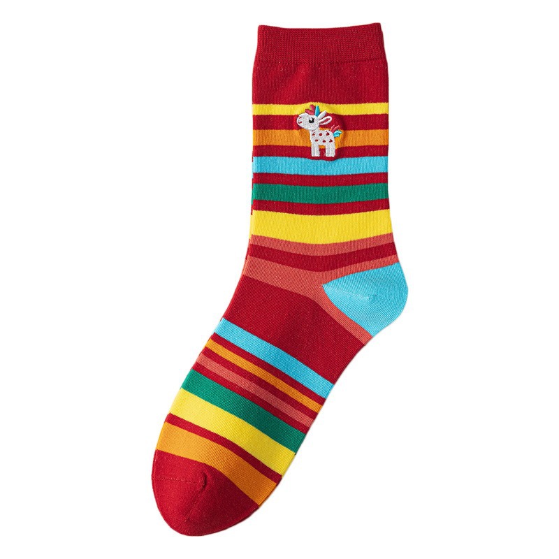 2026 Year of the Horse New Year Red Socks Zodiac Year Cute Cartoon Rainbow Horse Ins Trend Men's and Women's Mid-Calf Socks Cotton Socks