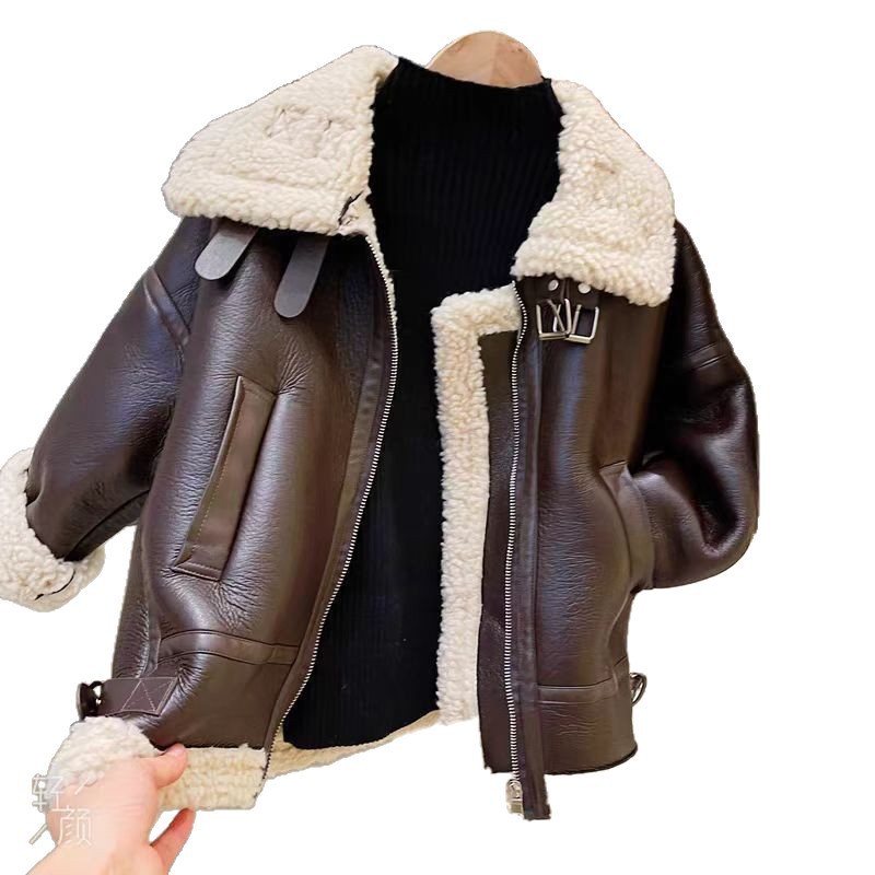 Boys' Autumn and Winter Outwears, Handsome Korean Style Velvet Thick Fur All-In-One Leather Outwears for Small and Medium-Sized Kidsren, Baby Lamb Velvet Outwears
