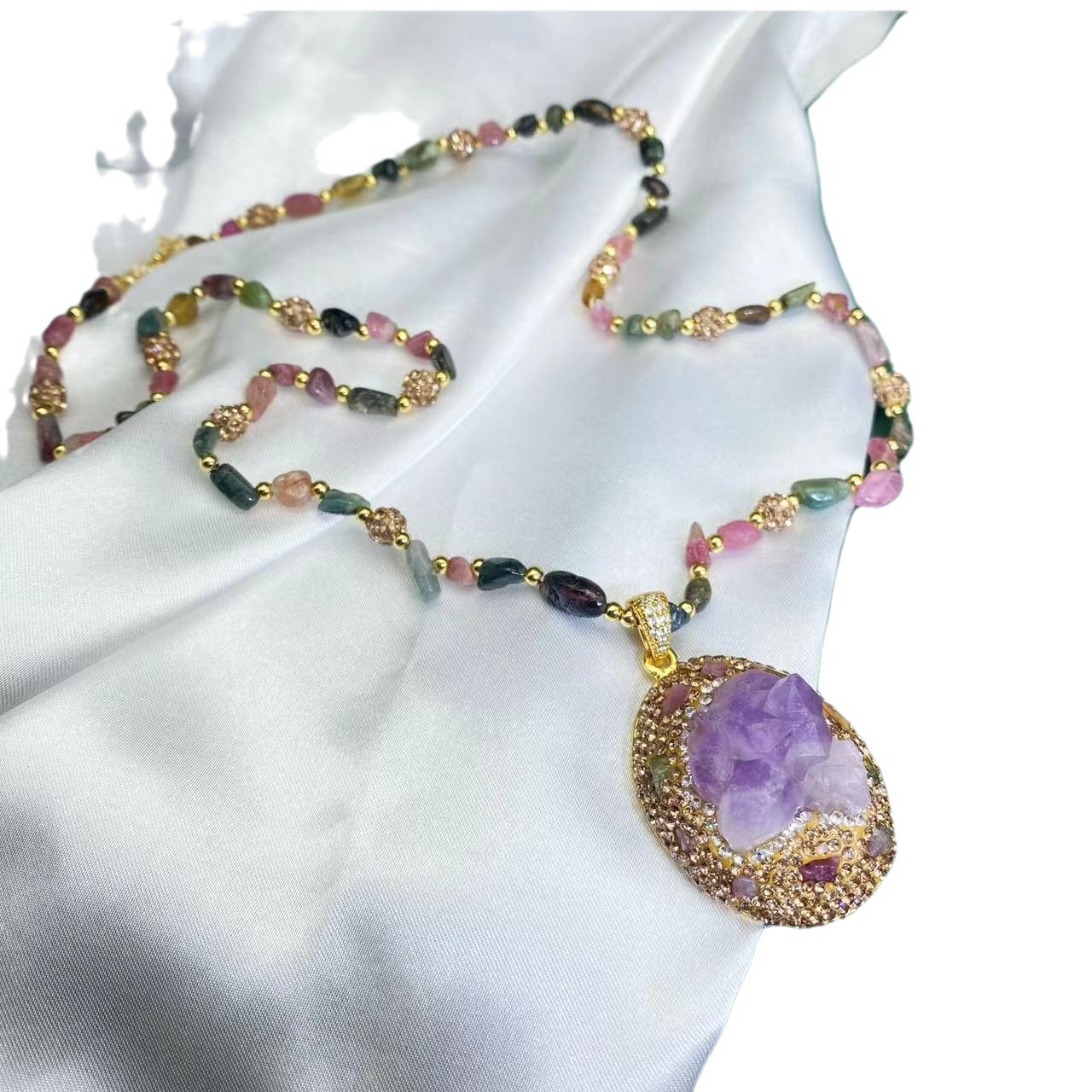 Natural Purple Ore Crystal Tourmaline Necklace Women's Design Niche Light Luxury Clavicle Chain Factory Direct Wholesale