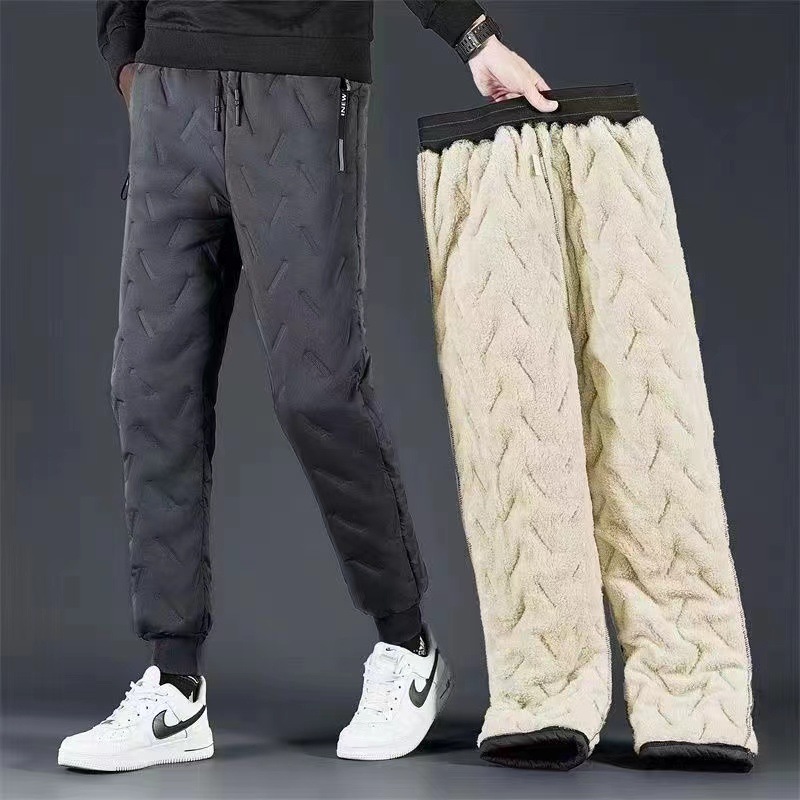 Thickened Lamb Fleece Sweatpants Men's Winter Outdoor Wear Cold-proof Warm Fleece-lined Pants plus size Fashionable Waterproof Down Cotton Pants