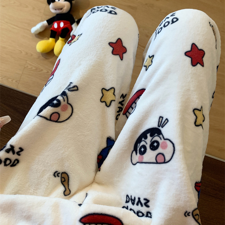 Милые мультяшные пижамные штаны Shin из фланели для женщин, осенне-зимние, теплые, коралловый флис, повседневные домашние штаны